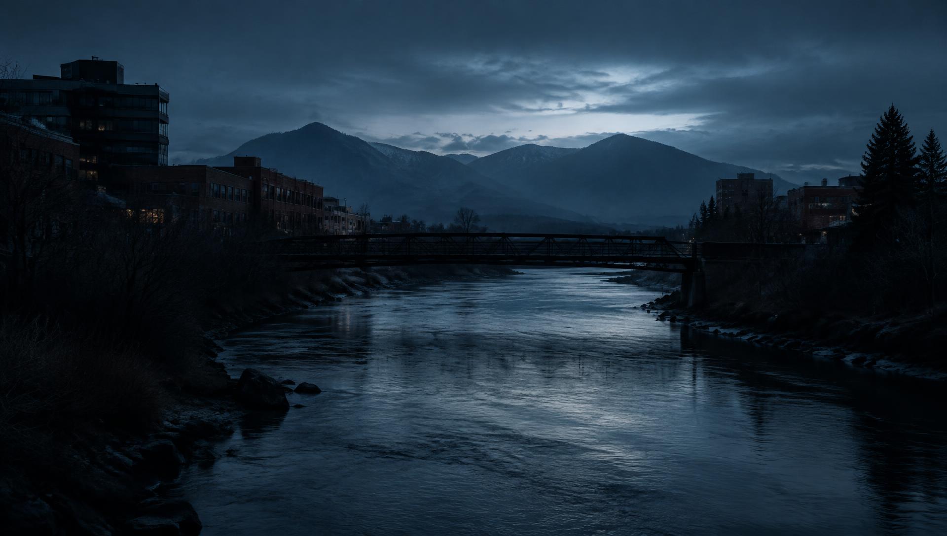 The Clark Fork River through downtown Missoula at blue hour